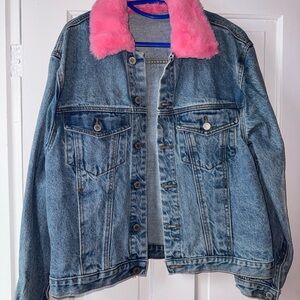 Denim Jacket with Pink Faux Fur Collar